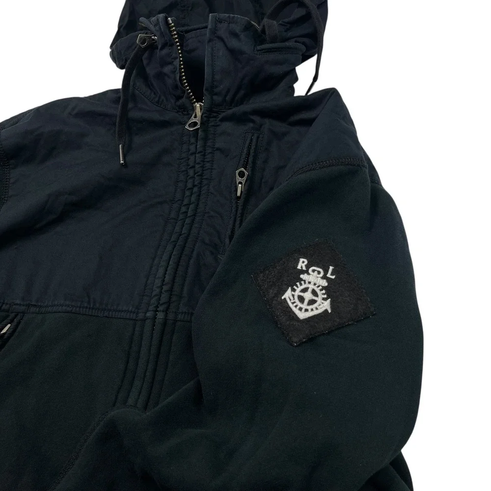 VTG Polo Ralph Lauren Men's Fleece Zip Jacket Black Optional Hood Nautical‎ M